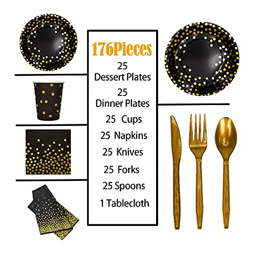 176 Pieces Gold Disposable Party Dinnerware Set &Golden Dot Disposable Party Dinnerware - Black Paper Plates Napkins Cups, Gold Plastic Forks Knives Spoons