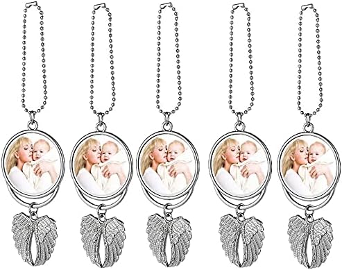 Ouhoe Car Hanging Ornament,Angel Wing Rearview Mirror Pendant with Sublimation Blank Heat Transfer Photo Frame for Automobiles Home Window Christmas Ornaments (Silver-5PC) 3.74 x 1.81 inch