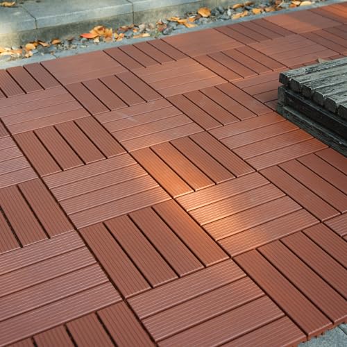 Partslety 44 Pack Plastic Interlocking Deck Tiles, 12\"x12\" Patio Deck Tiles, Waterproof Outdoor Flooring All Weather Use, Patio Floor Decking Tiles for Porch Poolside Balcony Brown As Shown One Size - Thumbnail 6