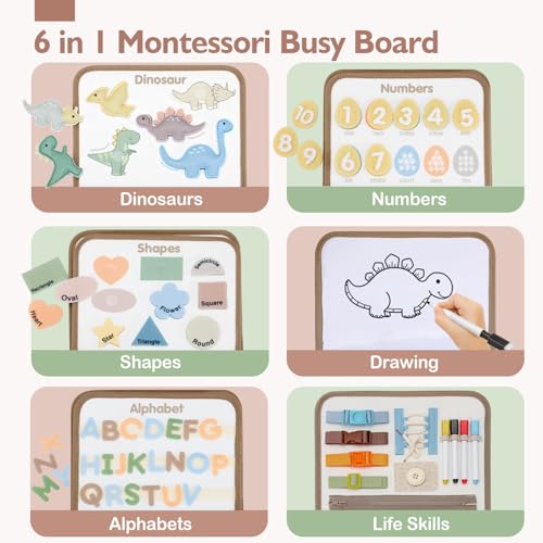 Image of hahaland Montessori Busy Board for Toddlers Boy Toys Birthday Gift - Travel Toys - Dinosaur, Alphabet, Number, Shape, Drawing, Life Skills