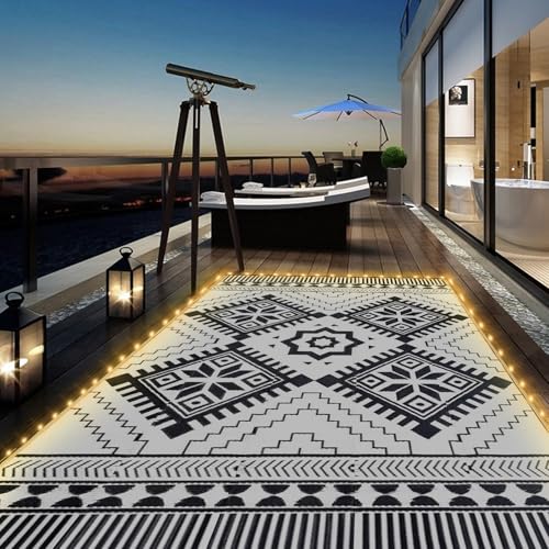 6x9ft Waterproof Outdoor Rug with LED Lights, Boho Reversible Plastic Straw Mat for Patio RV Camping Picnic Balcony Beach Deck Indoor Outdoor Carpet, Black&White Boho Led (Black&white) 6 x 9