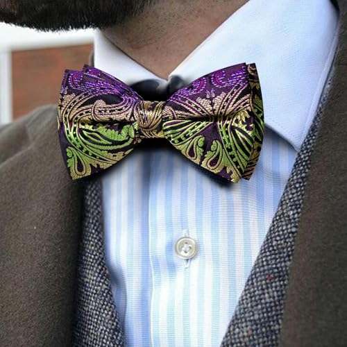 Image of YOHOWA Mens Bow Tie Set Paisley Pre-tied Bowties Adjustable with Handkerchief Cufflinks Gold Ring Set Wedding Prom Party