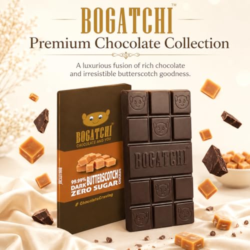 Image of BOGATCHI 99% Dark Chocolate Butterscotch 60g | Zero Sugar Premium Dark Chocolate Bar | Intense Cocoa Richness with Crunchy Butterscotch Flavour | Vegetarian Chocolate