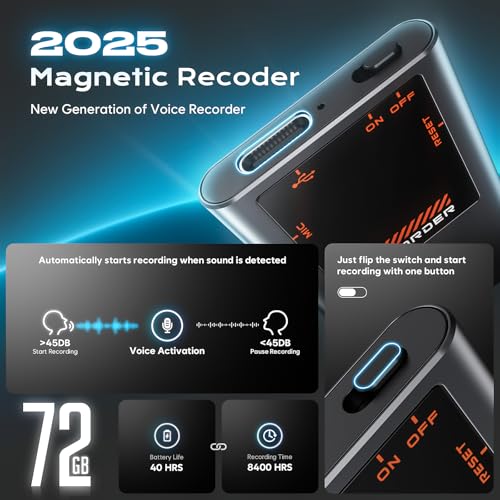 Image of 72GB(7000Hrs) Magnetic Voice Activated Recorder, Digital Voice Recorder with DSP 5.0-AI Noise Reduction for Lectures Meeting, Smart Tape Dictaphone Recording Device, Playback, Classes, Interviews