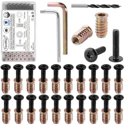 FandWay 30 Sets M6x16mm Torx Furniture Screw Nut,M6x10mm Threaded Inserts for Wood,Connector Bolts and Nuts Set,Flat Head Screw-in Nuts,Torx Drive with Wrenches and Drill Bit.