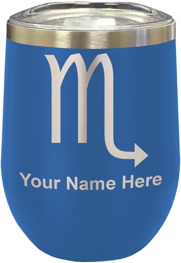 LaserGram 16oz Double Wall Stainless Steel Wine Glass Tumbler, Zodiac Sign Scorpio, Personalized Engraving Included (Black)