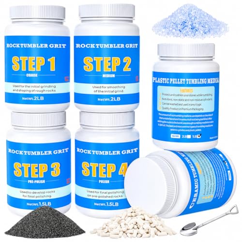 Rock Tumbler Grit and Tumbling Media Kit 10 Pounds, 4-Step Polish Refill with Ceramic & Plastic Pellets, Polish Up to 70 lbs of Rocks, Compatible with National Geographic, KoolStone & All Rock Tumbler
