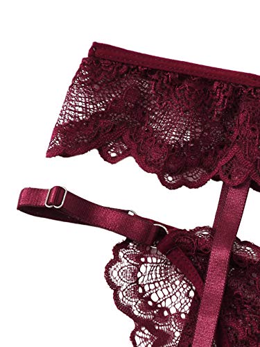 SheIn Women's 3 Piece Floral Lace Lingerie Set with Garter Belts Sexy Bra and Panty Medium Burgundy