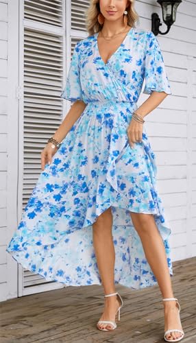 Image of Kormei Women Short Sleeve V Neck Floral High Low Flowy Summer Party Long Maxi Dress