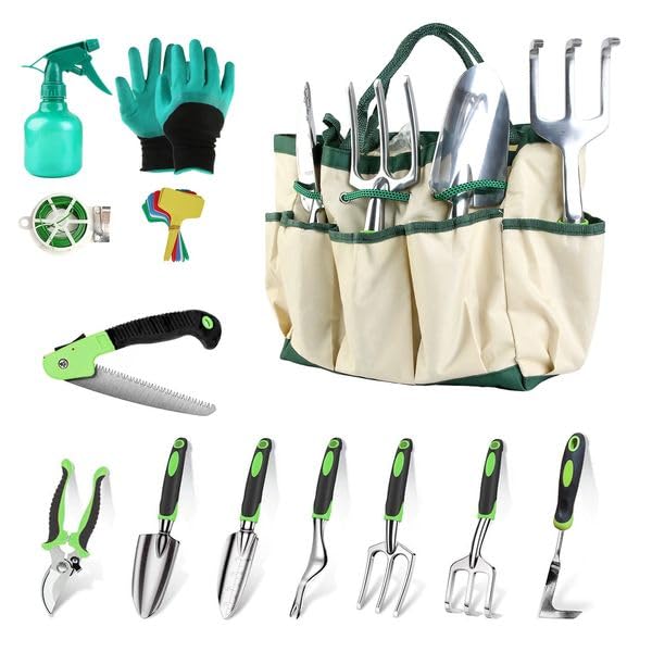 13Pcs Garden Tool Set Aluminum Alloy Gardening Hand Tools Starter Kit with Garden Bag Hea…
