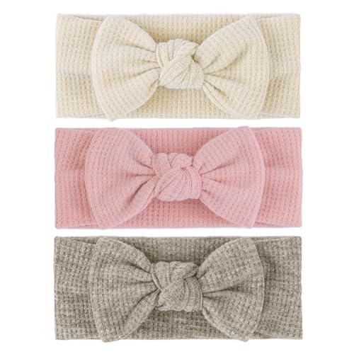 Image of Lanmerry Hairband with Bows - Classic Headband Bow for Baby Girl Toddler Girls Hair Accessories, 3Pcs, Beige, Dark Khaki, Light Pink