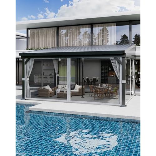 12'x16' Wall-Mounted Hardtop Gazebo with Aluminum Frame & Galvanized Steel Roof – Lean-to Patio Pergola with Gutters, Mosquito Netting & Privacy Cur