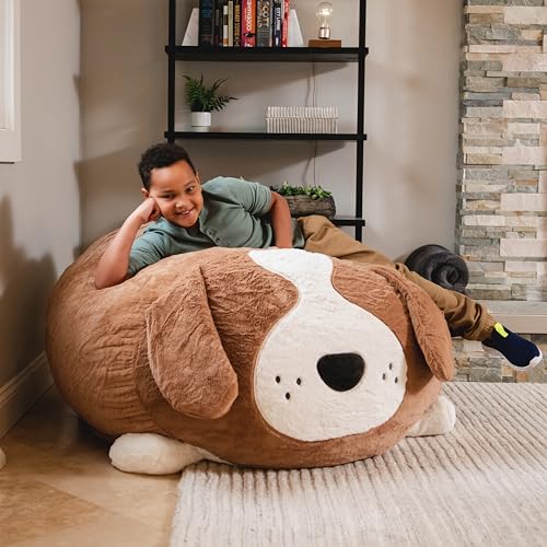 Image of Big Joe Wild Things Foam Filled Animal Bean Bag Chair with Removable Cover, Kenny Canine Snugglepuff, Soft Faux Fur, 4 feet Big