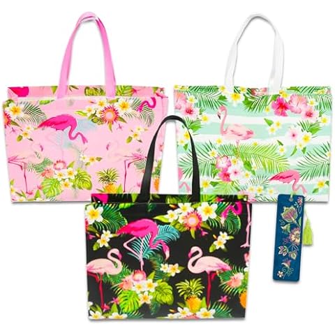 World's Finest Flamingo Tote Bag Bundle - 3 Large Flamingo Reusable Grocery Bags, Travel Totes for Kids, Women Plus Bookmark | Tropical Flamingo Reusable Shopping Bag Cover