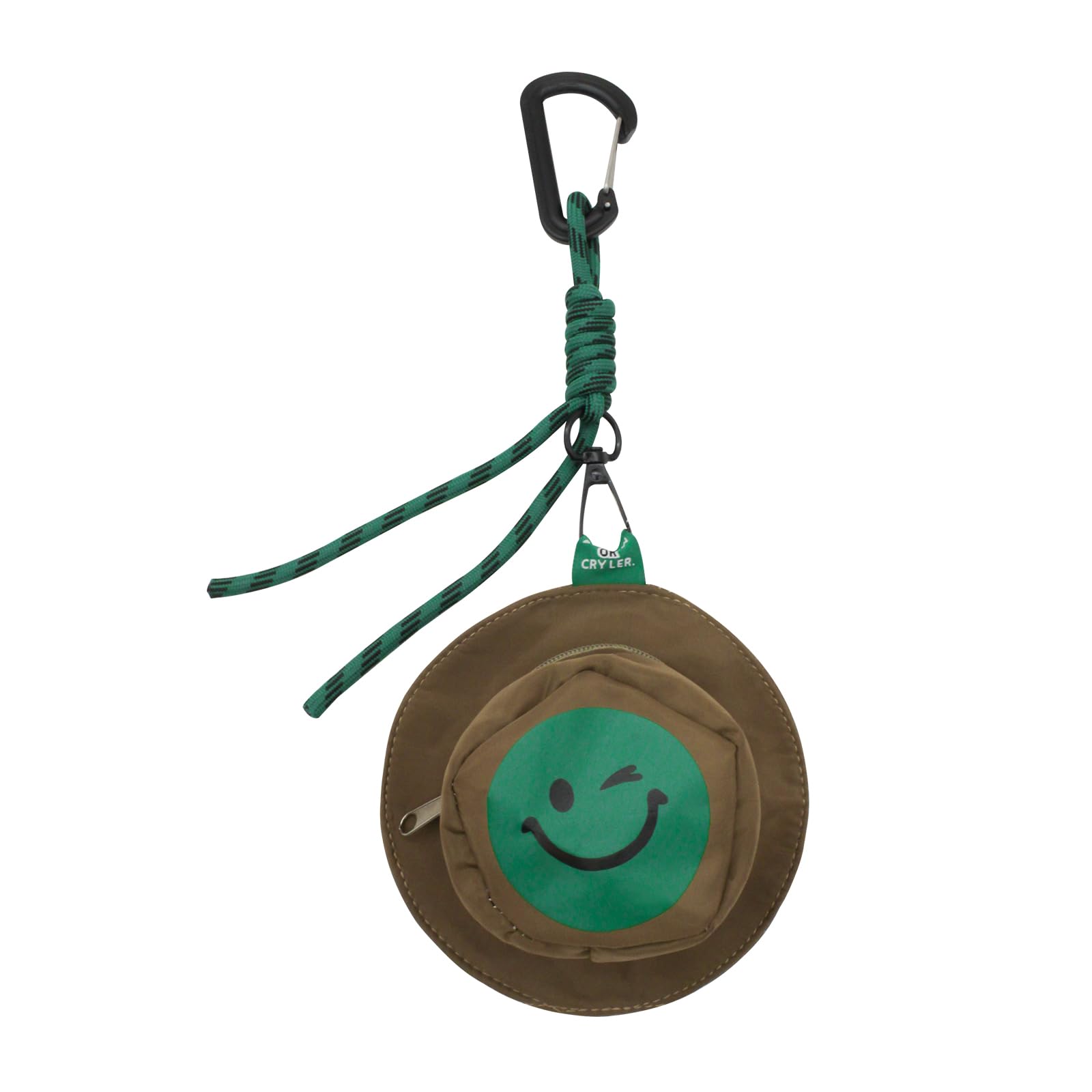 FuninCreaCoin Purse, Polyester Purses for Women, Bucket Hat Shape Key Pouch Pendant with Smiling Face Pattern, Portable Mini Coin Pouch with hook for Keys, Headphones, Coins (khaki)