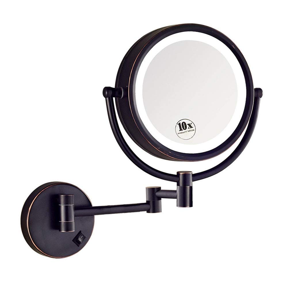 Espejo de maquillaje LED montado en la pared con aumento de 8 pulgadas, espejo de afeitar plegable for baño, espejo de pared cosmético con luz extensible, enchufe de Reino Unido negro de doble cara