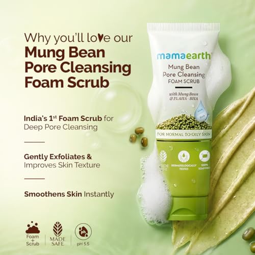 Image of Mamaearth Mung Bean Pore Cleansing Face Scrub with Mung Bean, AHA BHA - 100g | Face Scrub for Oily Skin | India's 1st Foam Scrub for Deep Pore Cleansing | Gentle Exfoliation | Oil Control | Tan Removal