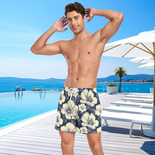 Mens Swim Trunks with Liner, Flower Line Cool Quick Dry Beach Swim Shorts, Swimwear Bathing Suits S4