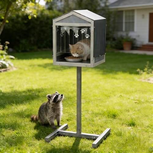 Coziwow Outdoor Cat Feeding Station with Climbing Tower 55 Tall Weatherproof Feral Cat Shelter with Acrylic Viewing Window PVC Rain Cover & Curtain for Community Cats (Gray)