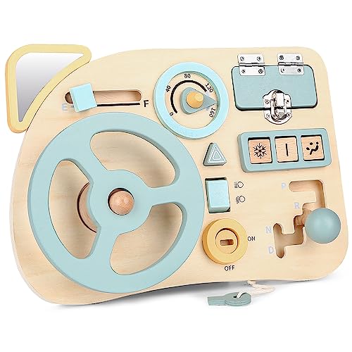 Image of Montessori Busy Board Toy for Toddlers, Car Wooden Sensory Board Educational Toys with 10 Fine Activity Motor Skills, Driving Scene Travel Toys for Toddlers Boys and Girls