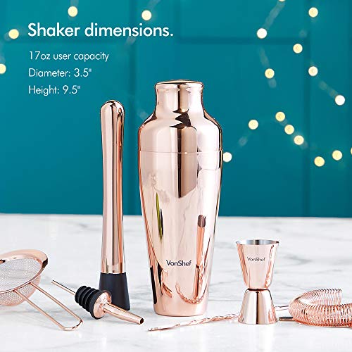 Vonshef Parisian Cocktail Shaker Barware Set In Gift Box With Recipe Guide, Cocktail Strainers, Twisted Bar Spoon, Jigger, Muddler And Pourers, 9 Piece Set, 17Oz (Rose Gold) #TOP1