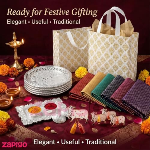 Image of Habba Traditional Return Gift Combo with Blouse Piece, Cow Kumkum, Silver Kumkum Box, Silver Plate & Laminated Bag for Women, Haldi Kumkum & Tambulam Gifts, Diwali, Navratri, Weddings - Pack of 1 Set