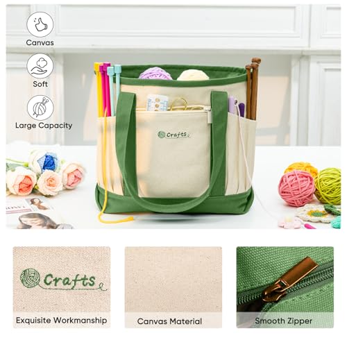 Image of MYBAGZING Canvas Yarn Storage Organizer Bag Washable Crochet Bag with Pockets for Yarn, Hooks, Needles - Travel Knitting Tote for Crafters - Gift for Crocheters & Knitters (Medium /Large)