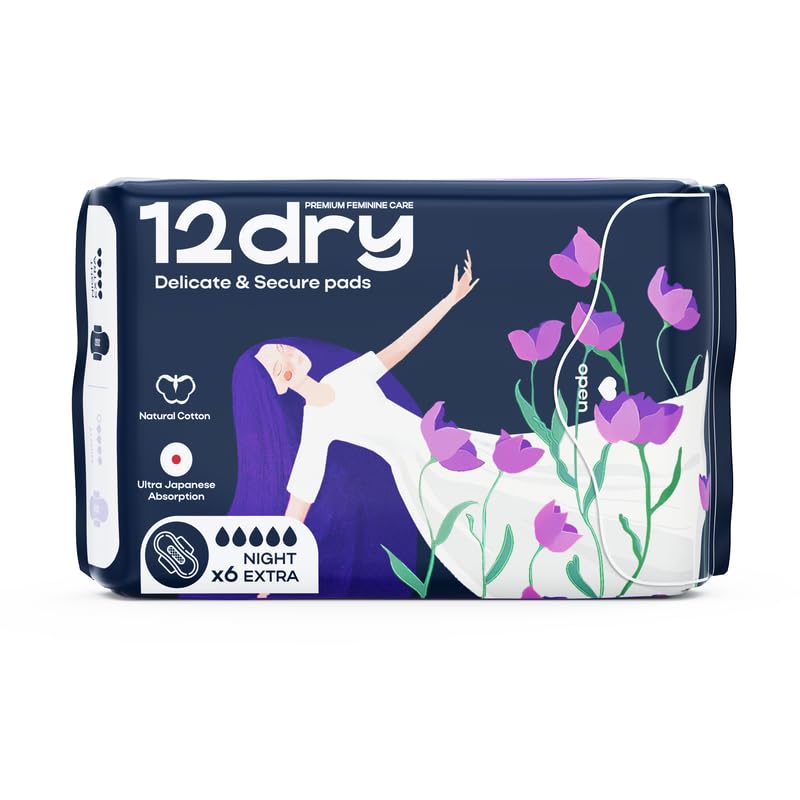 12dry Ultra Thin Sanitary Pads 6 Count Super Absorbent Leak Proof Odor Bacteria Protection Soft Comfortable Breathable AirCool Technology FDA and FSC Certified for Heavy Flow 350mm Single Pack Night Extra 1