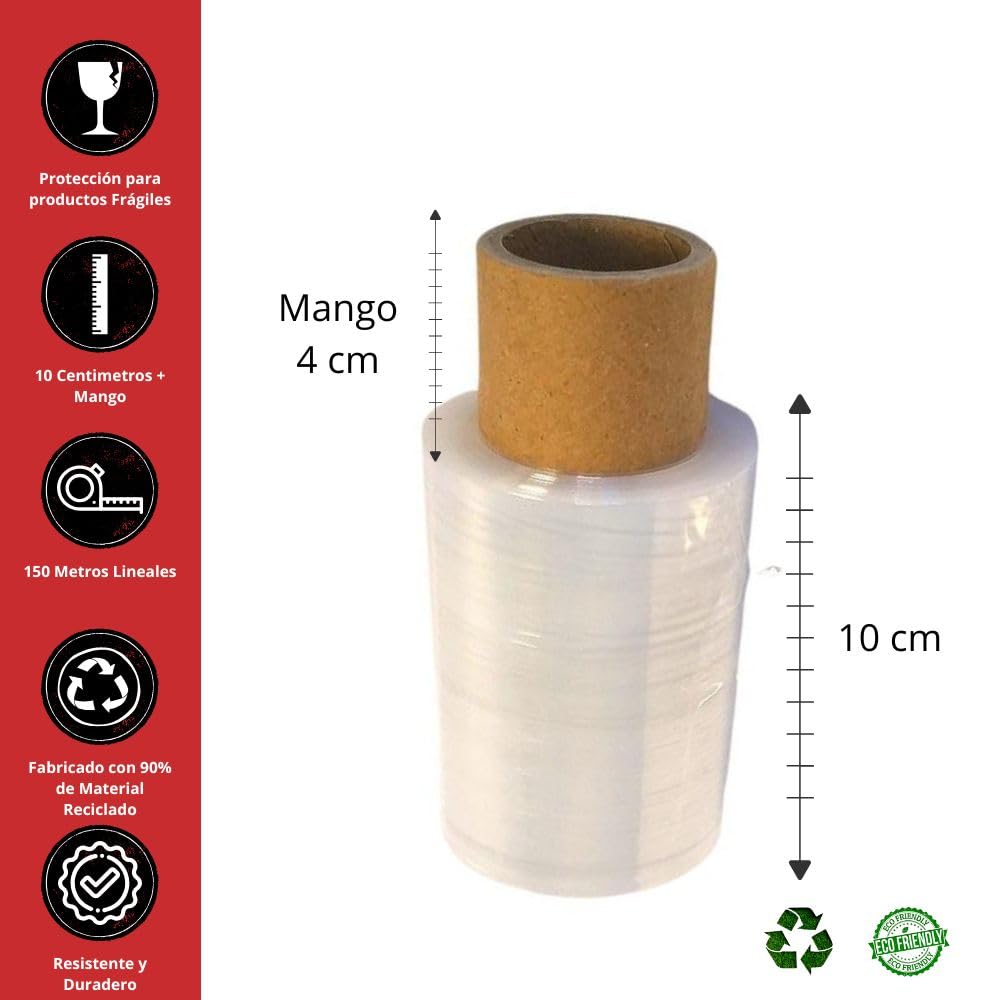 PLASACAR | MiniFilm Estirable Transparente | Film de Embalaje para Retractilar y Envolver Productos + Regalo Aplicador Manual | Protección en Logística | Resistente | 100 ml - Peso 270 gr | Pack de 40