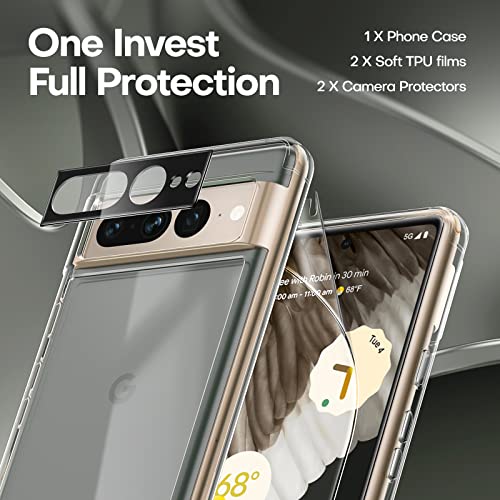 Tauri [5 In 1 Designed For Pixel 7 Pro Case, [Not-Yellowing] With 2 Tpu Film Screen Protector + 2 Camera Lens Protector, [Military-Grade 360° Shockproof] Slim Pixel 7 Pro Case-Clear #TOP2