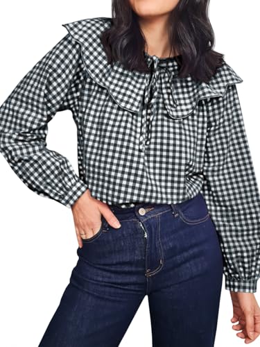 Tankaneo Womens Peter Pan Collar Shirts Gingham Puff Long Sleeve Blouses Ruffle Loose Fit Fall Casual Tops2