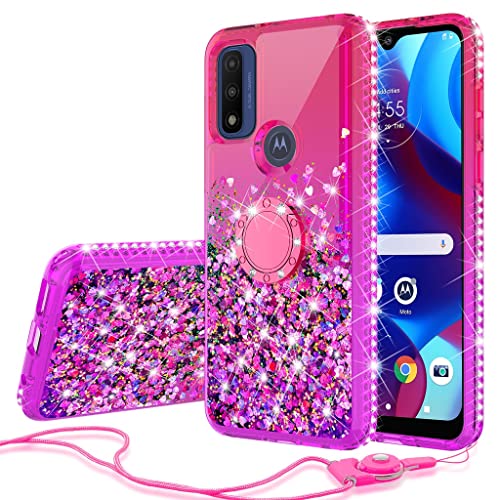 Liquid Glitter Kickstand Phone Case For Motorola Moto G Play 2023/G Pure/G Power 2022 Case Clear Diamond Ring Stand Girls Women - Hot Pink/Purple #TOP7