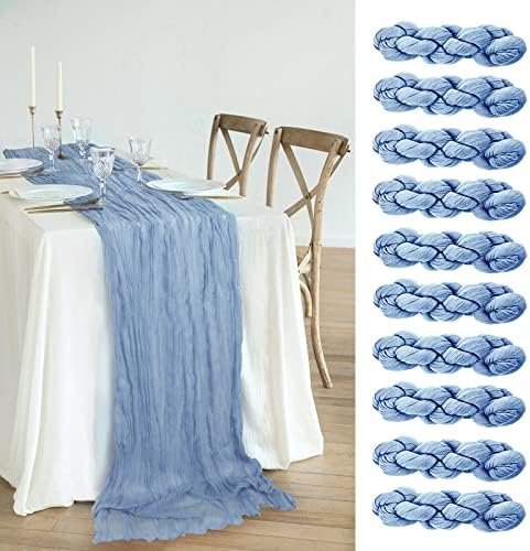 10PCS Dusty Blue 10ft Gauze Cheese Cloth Wedding Table Runner Boho Rustic Sheer Table Runner for Arch Banquets Bridal Baby Shower Birthday Party Decorations