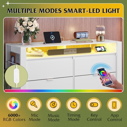 WLIVE 6 Drawer Led Dresser for Bedroom, 50.79'' White Wood Dresser Storage Organizer with Power Outlets for 55'' TV, Dressers with Open Shelves, Hanging Rack, Chest of Drawers for Closet, Living Room