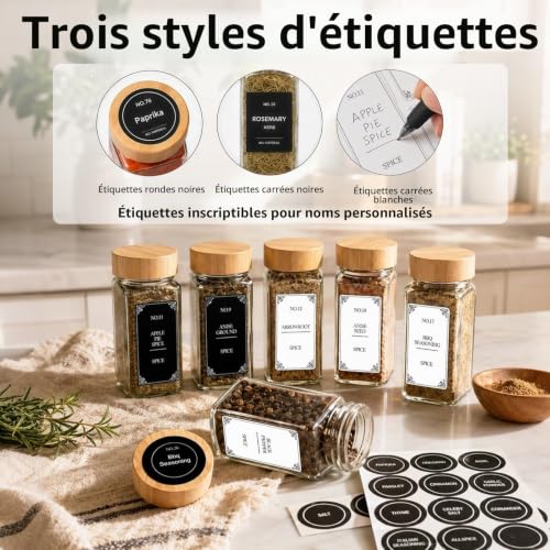 Veebmys 24 Pot à Épices en Verre de 120 ml avec Couvercles, Rangement pour Epices de Cuisine, Bocaux Carrés Hermétiques avec Entonnoir et 648 Étiquettes, Convient pour Le Camping – vue 4