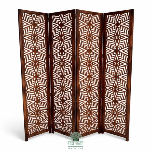Image of Wooden Room Divider 6 Feet, 4-Panel Folding Wooden Partition for Living Room, Office, Pooja Room, Restaurant, Kitchen & Balcony (2W x 1.82H Meters). (Natural Brown-Lattice Pattern)