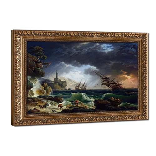 Toile Vernet épave de bateau en mer, décoration murale de qualité avec cadre suspendu en bois