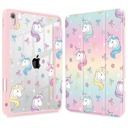 Lepeoac Case for iPad 11 inch A16 2025 Generation 11th / iPad 10.9 inch 2022 10th Gen Buit in Pencil Holder with Shockproof Cover Clear Transparent Back Shell Auto Wake/Sleep Rainbow Unicorn