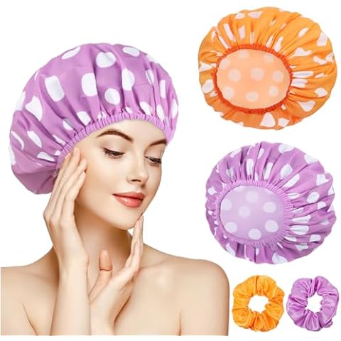 WSICSE 2 Packs Large Shower Caps for Women, Reusable Waterproof Shower Cap Bath Caps with Hair Scrunchies for Long Thick Hair (Purple/Orange) Cover