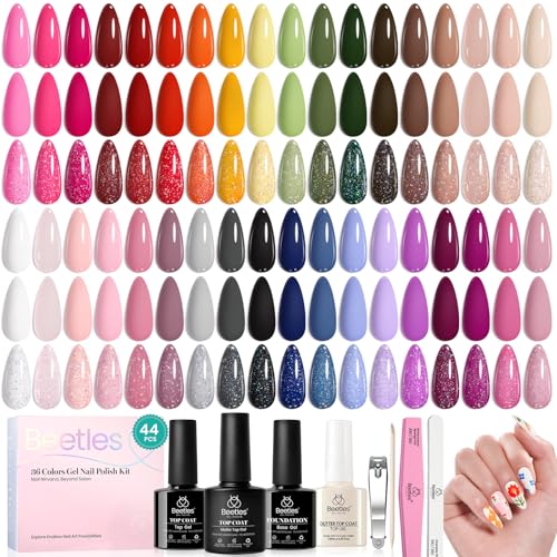 beetles 44pcs Gel Nail Polish Set - 36 Colors Colorful Muse Gel Polish Kit Pink Nude Red Yellow Green Black White Glitter Nail Kit Base Top Coat UV LED Needed Salon DIY Home Valentines Gift for Women