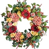 TEMPUS 24 Inch Artificial Spring/Summer Wreath for Front Door Sunflowers and Dahlias Wreath for Farmhouse Home Wedding Party Wall Windows Outdoor Decor