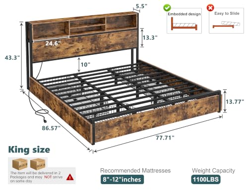 Image of EnHomee King Bed Frame with 6 Storage Drawers, Charge Station,Noise-Free