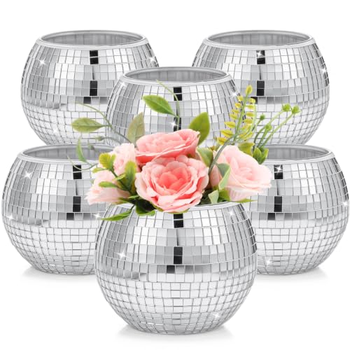 Image of Inbagi 6 Pcs Disco Ball Vase Mirror Glass Centerpiece,3 x 4 Inch,Silver | Mirrored Planter in Wedding Party, Reflective Flower Holders, Retro Glam Bowls Ideal Bedroom Kitchen Office Table Decorations