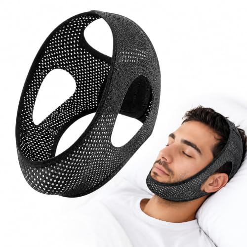 Black adjustable chin strap with hook-and-loop closure — a low-cost, no-adhesive way to test whether jaw support helps