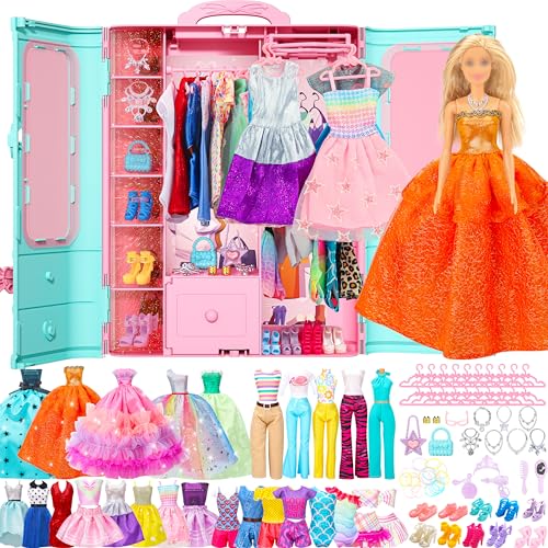Style Shine 70 Pcs Doll Closet with Clothes & Accessories Including 2 Wedding Gowns 6 Fashion Dresses 2 Casual Outfits 2 Swimsuit 10 Shoes 20 Hangers 27 Accessories Dress up Toys for Girls Kids Gifts