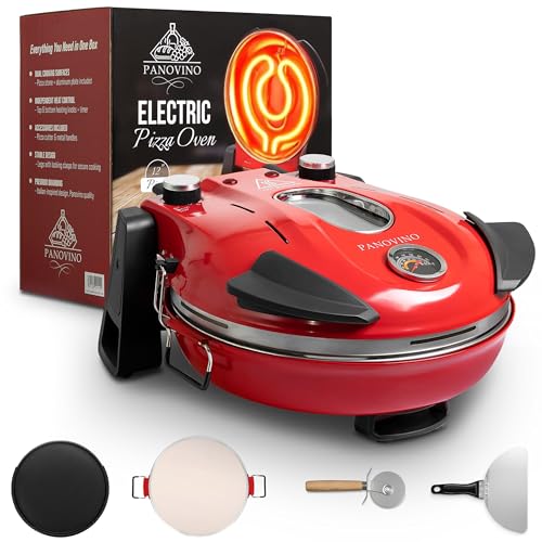 PANOVINO Electric Indoor Pizza Oven | 800°F Countertop Pizza Cooker with 12' Ceramic Stone and Dual Temp Controls | Perfect for Quick Cooking Homemade Pizzas | Compact Design for Kitchen Use, Red