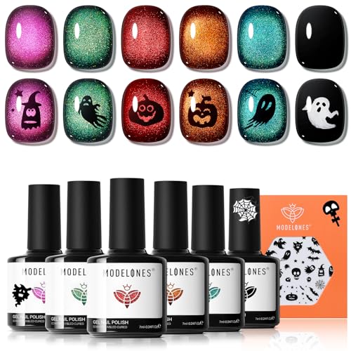 Image of Modelones Cat Eye Gel Nail Polish, 6 Colors Halloween Red Green Purple Orange Blue Gel Polish Set with Magnet Nail Stikers Glitter Nail Polish Kit Black Base Soak Off Led Nail Art Manicure Salon DIY