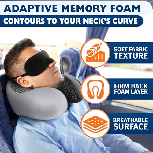 Image of 100% Memory Foam Plane Neck Pillow for Long Flights with Adjustable Button Closure - 4-in-1 Set with 3D Eye Mask, Earplugs & Washable Cotton Cover - Airplane Pillow Neck Support for Car & Train (Gray)