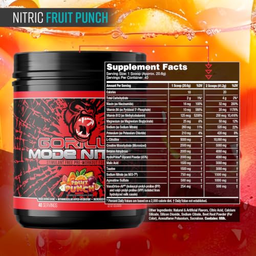 Image of Gorilla Mode Nitric Stimulant Free Pre-Workout - Best Tasting and Most Effective Stimulant Free Pre-Workout / Massive Pumps . Vasodilation . Power / 688 Grams (Fruit Punch)