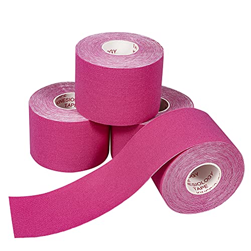 QiGui 4 Rouleaux Bande de Kinésiologie Ruban Kinésiologique Imperméable & Élastique Kinesiology Tape Sans Latex Sports Tape pour Sports et Soutien Musculaire et Strapping 5cm x 5m (Rose) Cover